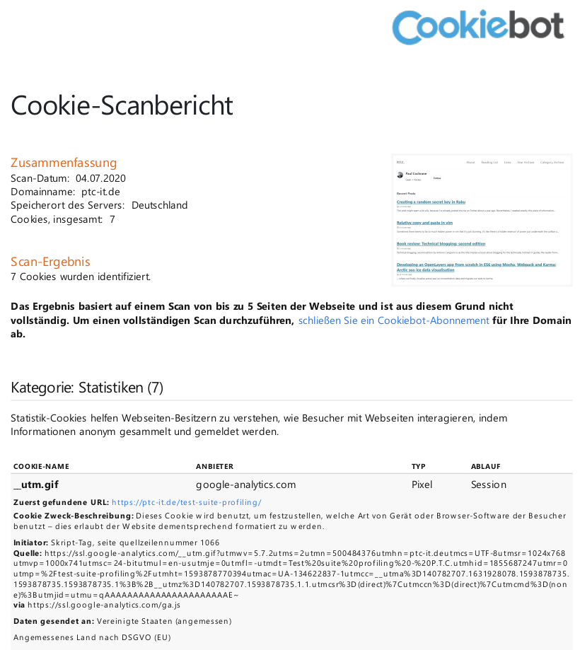 Cookiebot initial GDPR compliance report