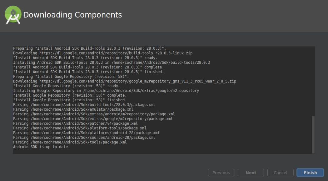 Android Studio Installation: downloading components finished