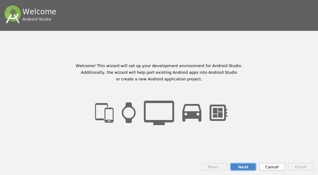 Android Studio Installation: install wizard welcome window