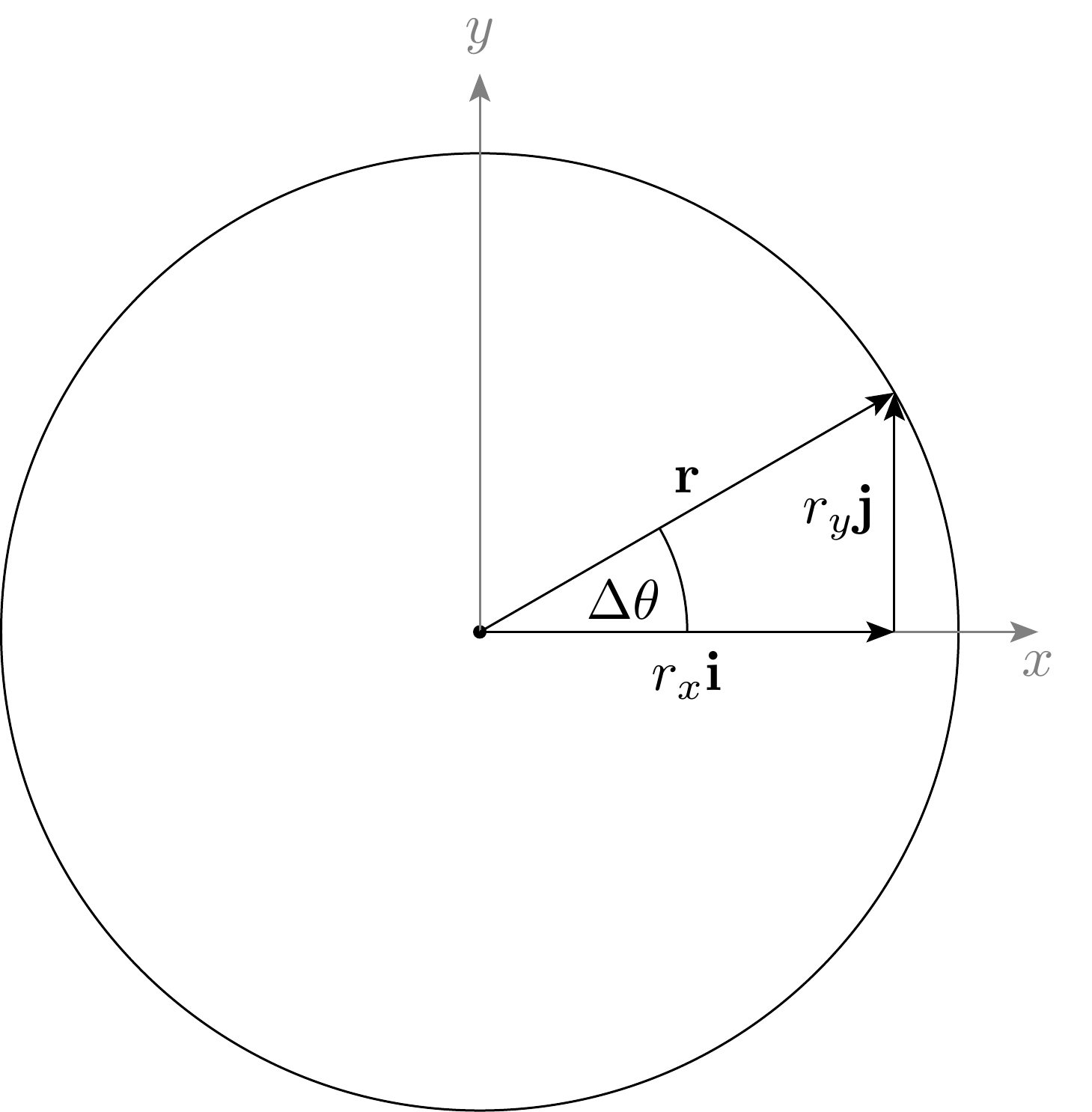 Radius vector with x and y components on a circle