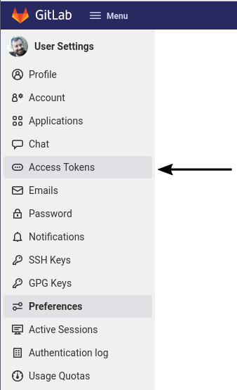 Choose Access Tokens link from left hand sidebar
