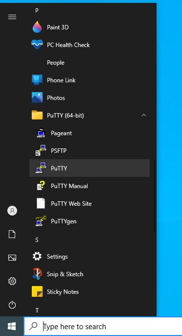 PuTTY entry in Windows Start menu