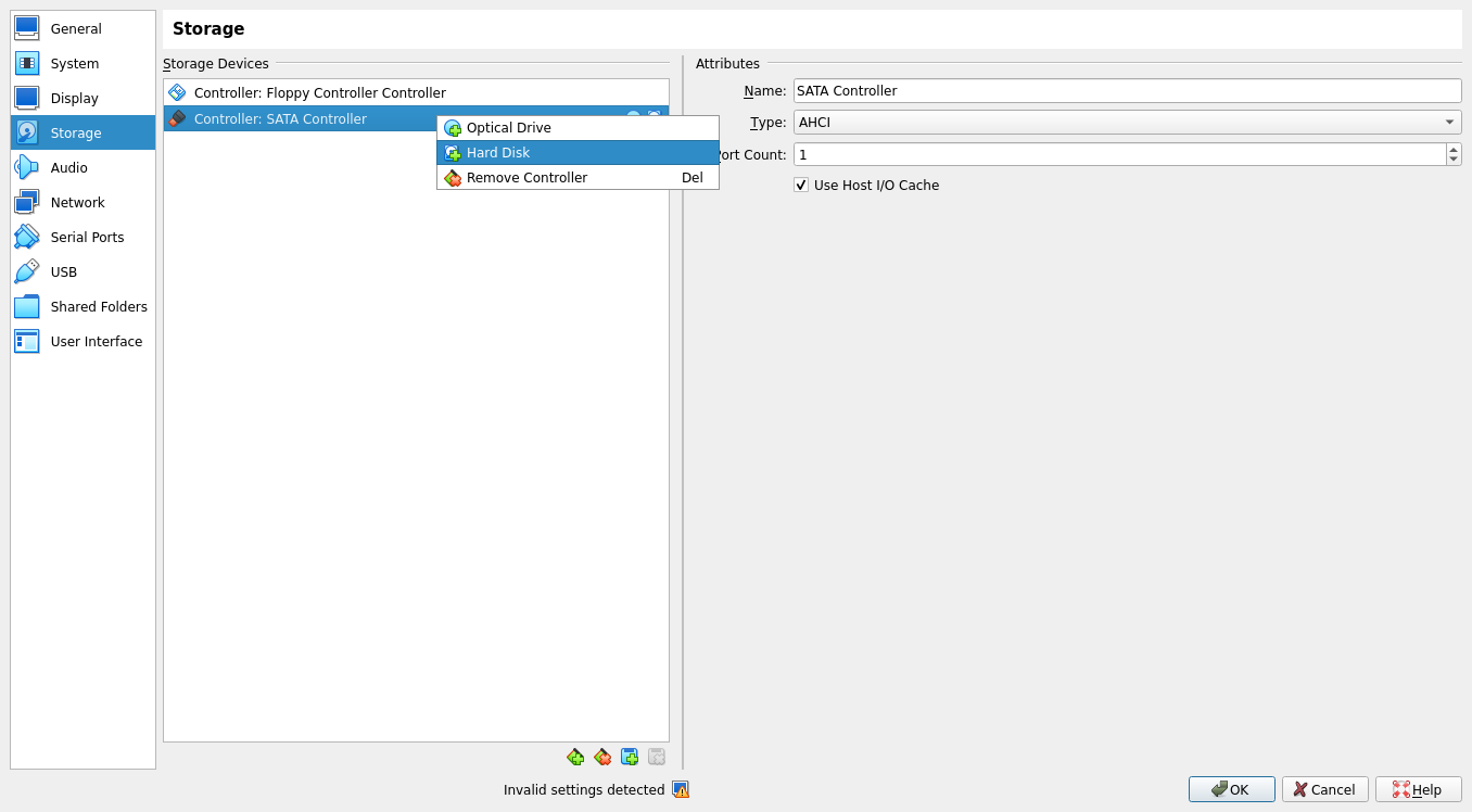 VM Storage: add hard disk to SATA controller