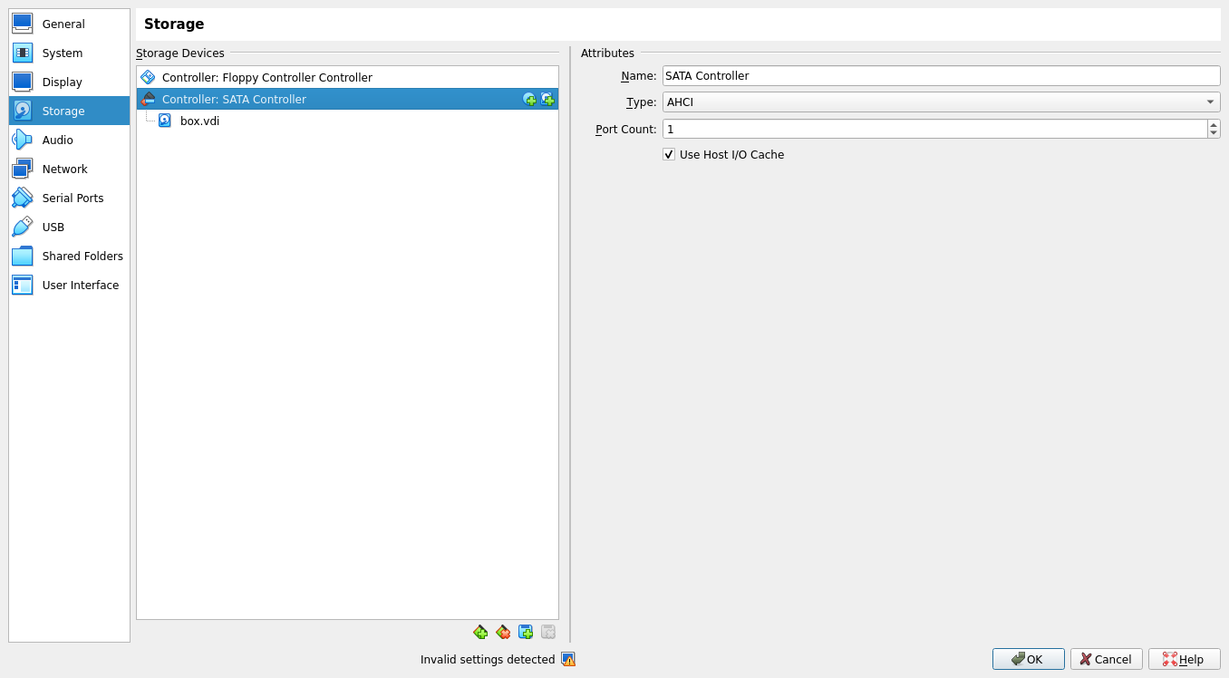 VM Storage: VDI disk image attached to SATA controller